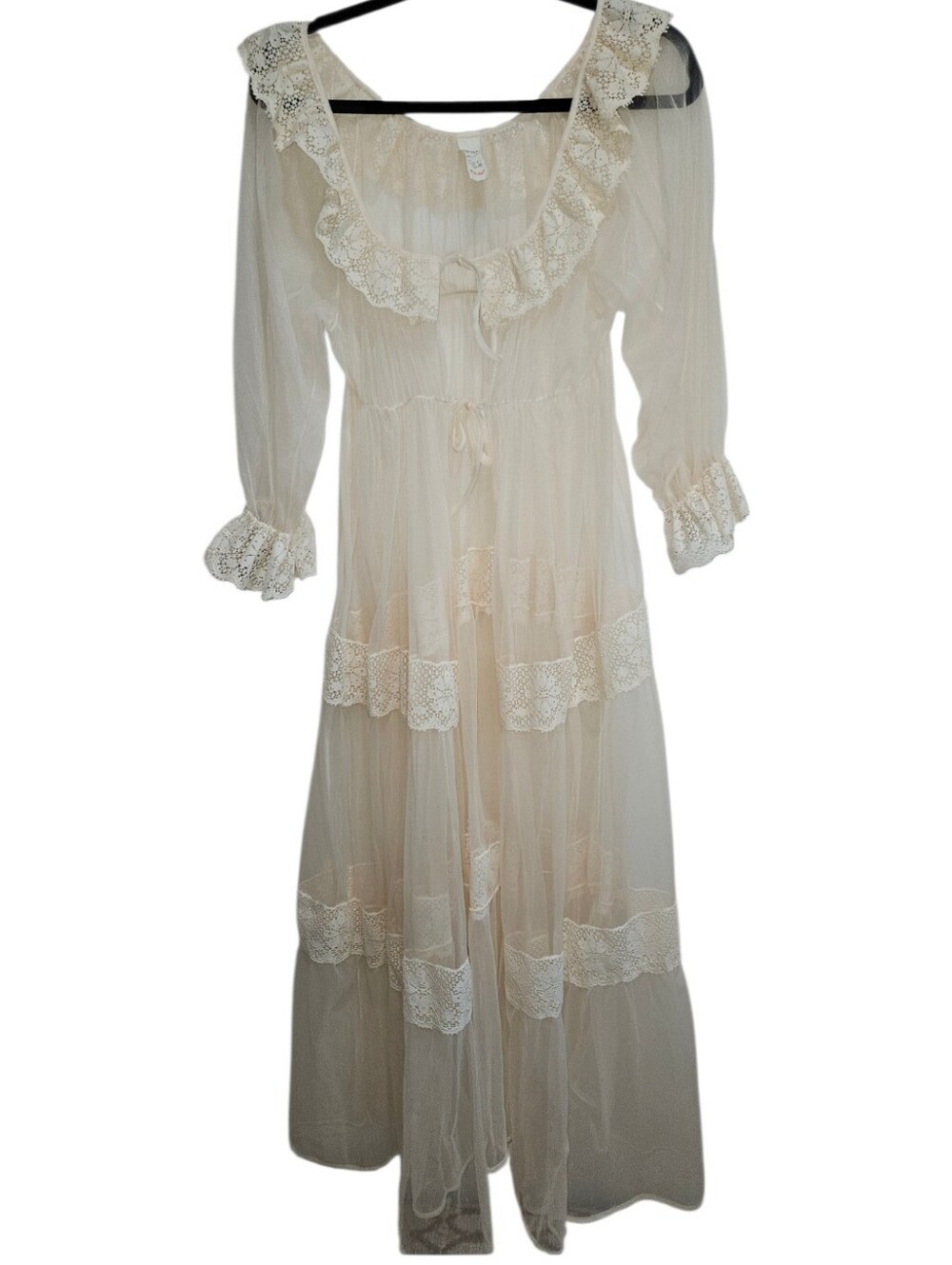 Vintage Sheer Lace Ruffle Peignoir Maxi Dress Robe in Ivory Movie Star Medium